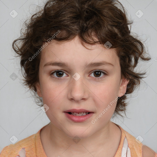 Joyful white child female with medium  brown hair and brown eyes