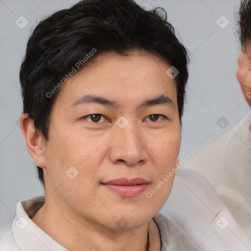 Joyful asian young-adult male with short  brown hair and brown eyes