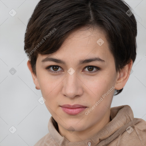 Joyful white young-adult female with short  brown hair and brown eyes