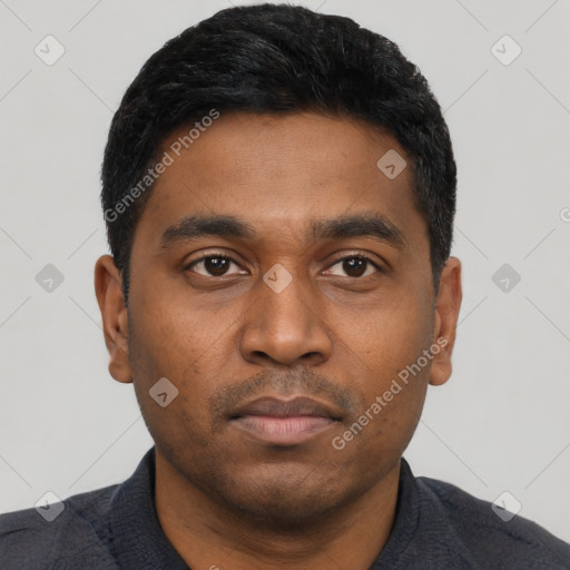 Neutral latino young-adult male with short  black hair and brown eyes