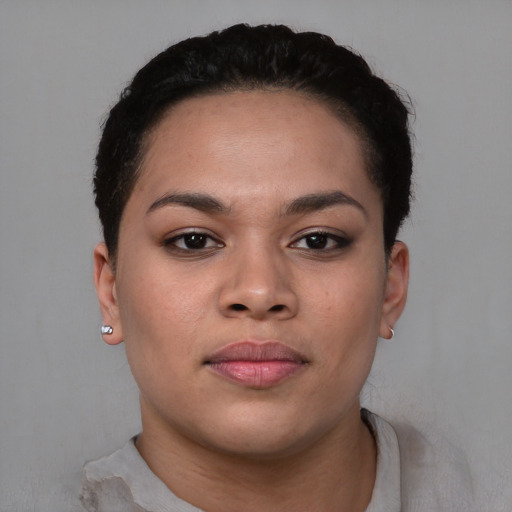 Neutral latino young-adult female with short  brown hair and brown eyes