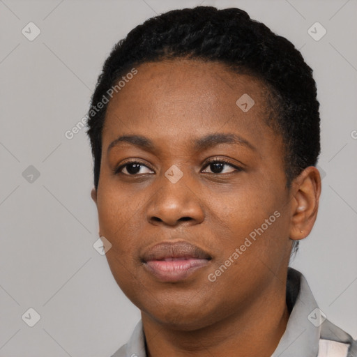 Neutral black young-adult female with short  black hair and brown eyes