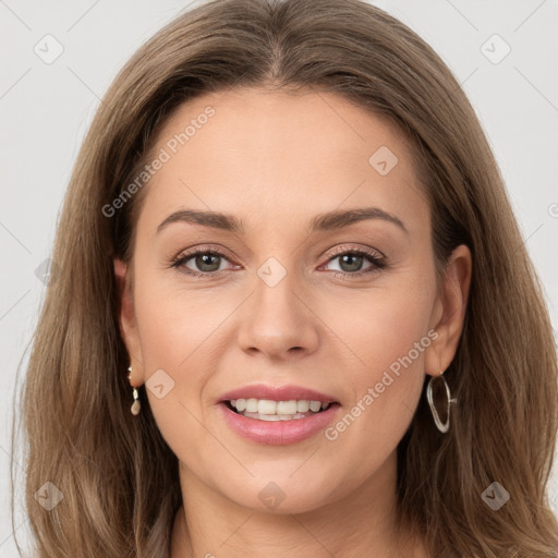 Joyful white young-adult female with long  brown hair and grey eyes