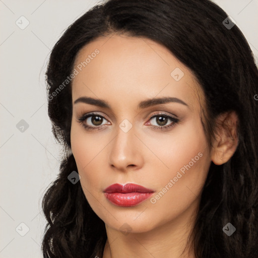 Neutral latino young-adult female with long  black hair and brown eyes