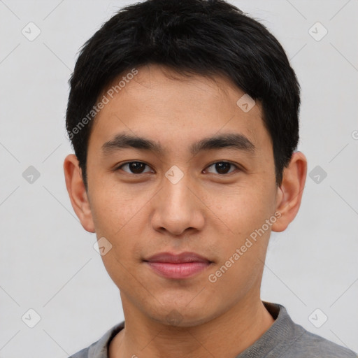 Neutral asian young-adult male with short  black hair and brown eyes