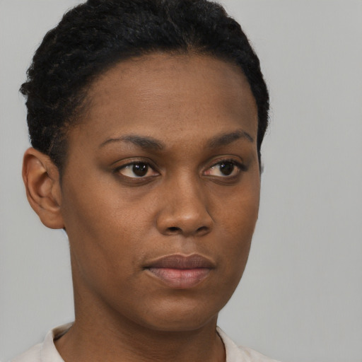 Neutral black young-adult female with short  black hair and brown eyes
