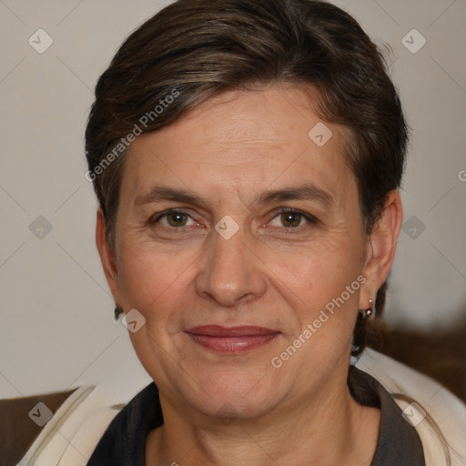 Joyful white adult female with short  brown hair and brown eyes