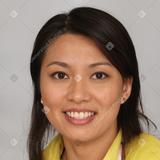 Joyful white young-adult female with medium  brown hair and brown eyes