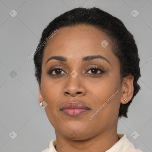 Joyful latino young-adult female with short  brown hair and brown eyes