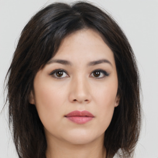 Neutral asian young-adult female with long  brown hair and brown eyes