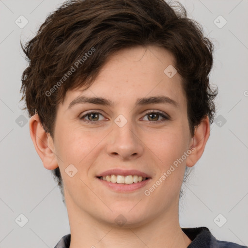 Joyful white young-adult female with short  brown hair and grey eyes