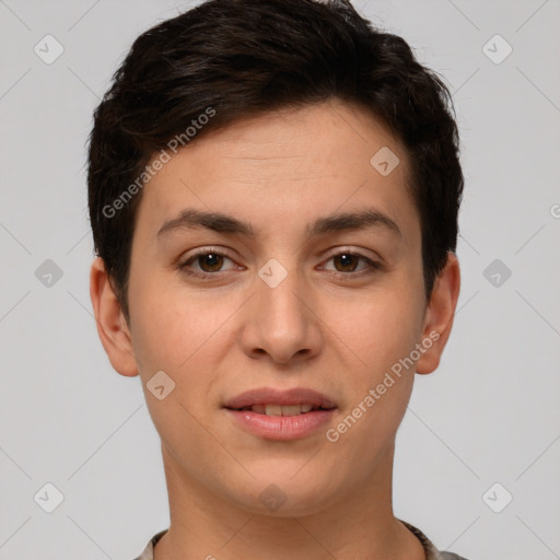 Joyful white young-adult female with short  brown hair and brown eyes