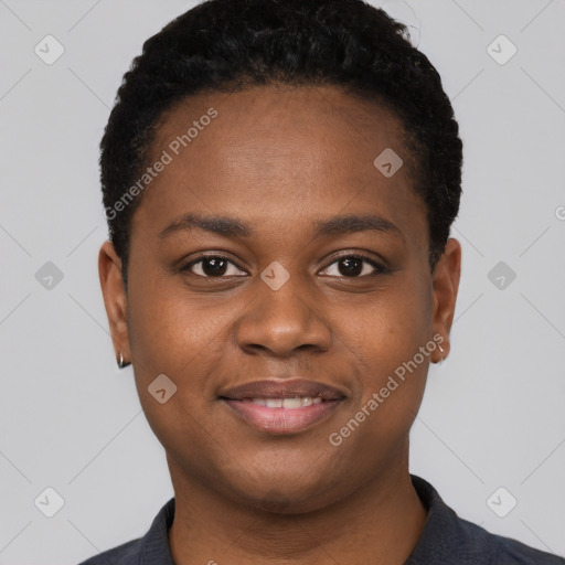 Joyful black young-adult female with short  black hair and brown eyes