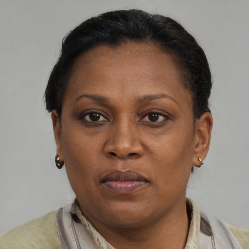 Neutral black adult female with short  brown hair and brown eyes