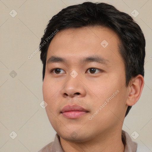 Neutral asian young-adult male with short  black hair and brown eyes