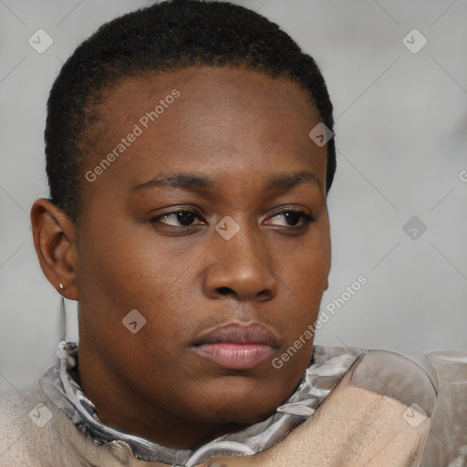 Neutral black young-adult female with short  brown hair and brown eyes