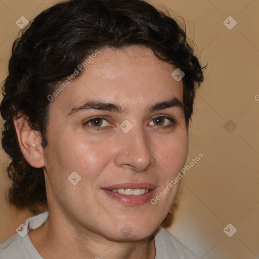 Joyful white young-adult male with medium  brown hair and brown eyes