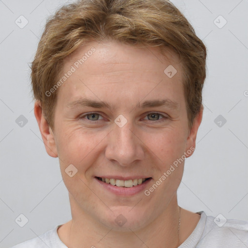 Joyful white young-adult female with short  brown hair and grey eyes