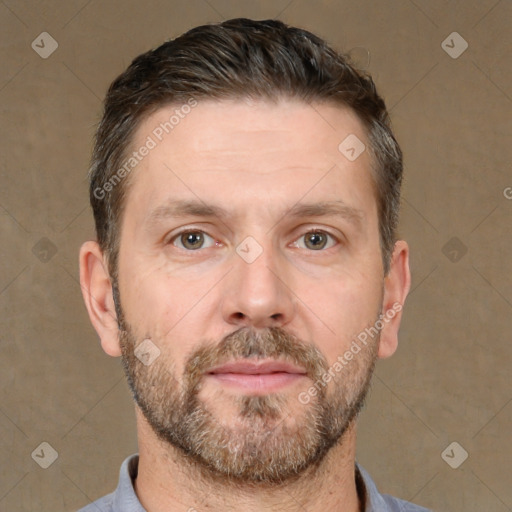 Neutral white adult male with short  brown hair and brown eyes