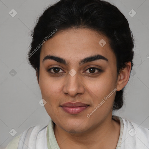 Joyful latino young-adult female with short  brown hair and brown eyes