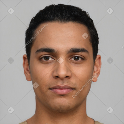 Neutral latino young-adult male with short  black hair and brown eyes