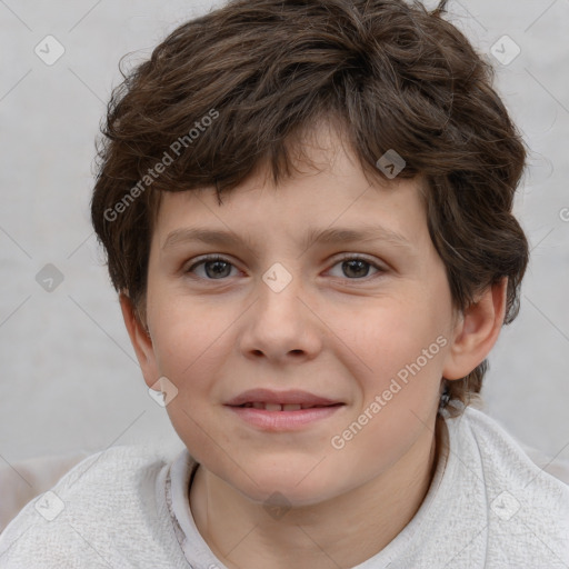 Joyful white child female with short  brown hair and brown eyes