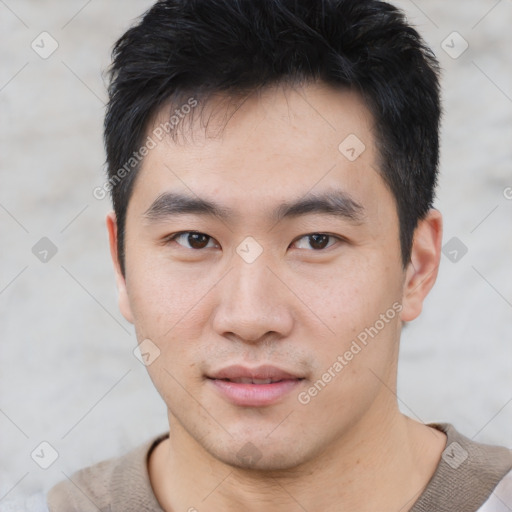 Neutral asian young-adult male with short  black hair and brown eyes