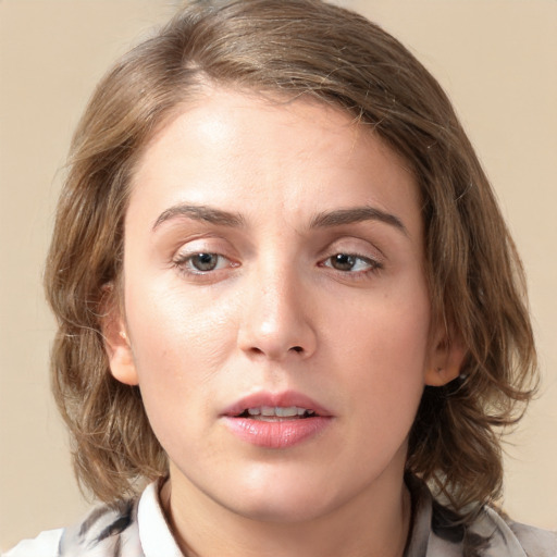 Neutral white young-adult female with medium  brown hair and brown eyes