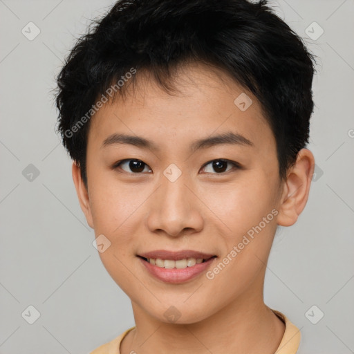 Joyful asian young-adult female with short  brown hair and brown eyes