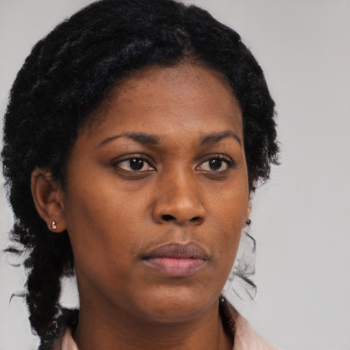 Neutral black young-adult female with medium  brown hair and brown eyes