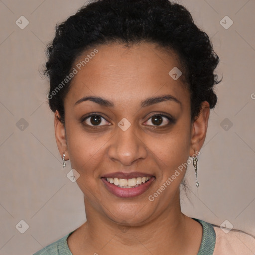 Joyful latino young-adult female with short  black hair and brown eyes