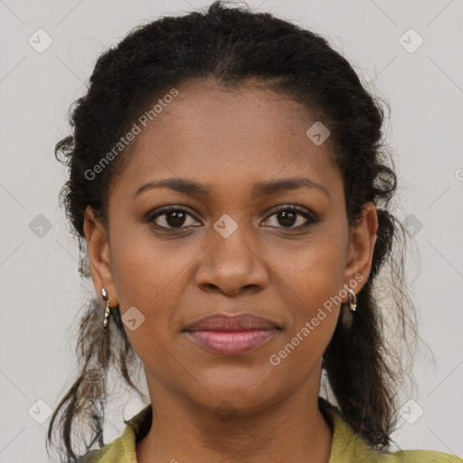 Joyful black young-adult female with medium  brown hair and brown eyes