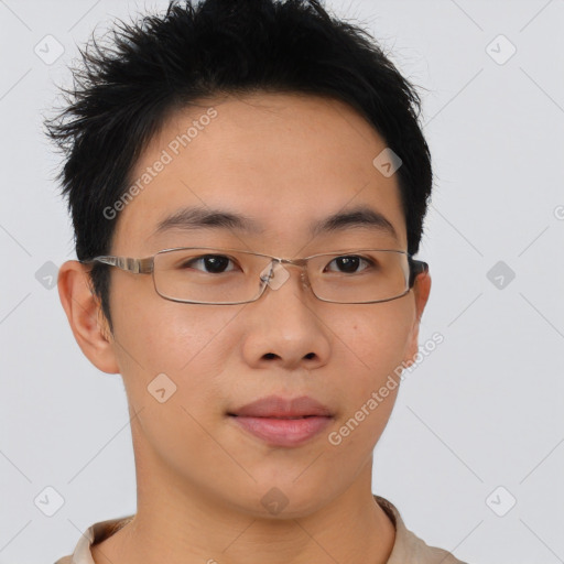 Neutral asian young-adult male with short  brown hair and brown eyes