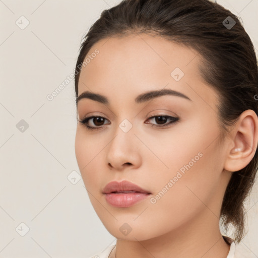 Neutral white young-adult female with long  brown hair and brown eyes