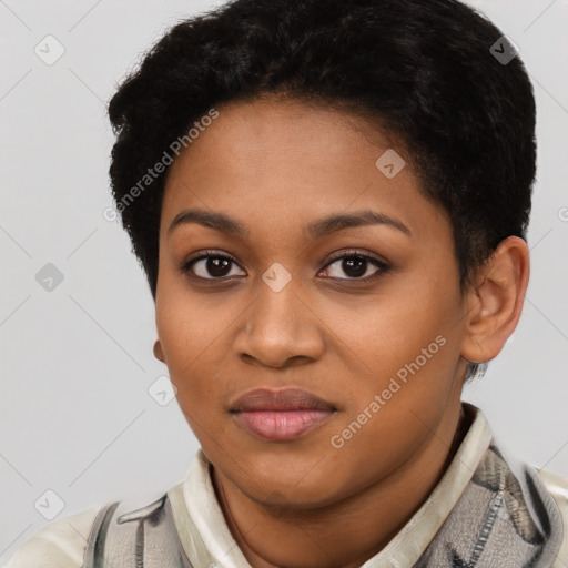 Joyful latino young-adult female with short  black hair and brown eyes