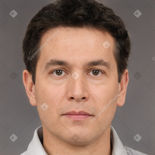 Neutral white adult male with short  brown hair and brown eyes