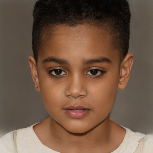 Joyful black child female with short  brown hair and brown eyes