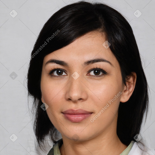 Joyful asian young-adult female with medium  black hair and brown eyes