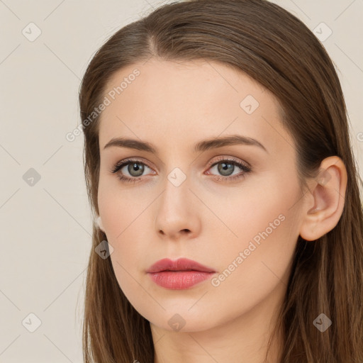 Neutral white young-adult female with long  brown hair and brown eyes