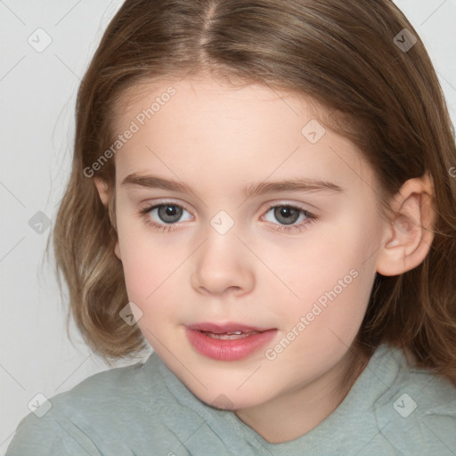 Joyful white child female with medium  brown hair and brown eyes