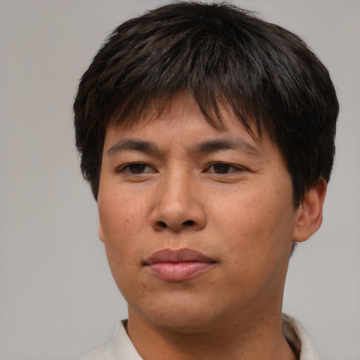 Neutral asian young-adult male with short  brown hair and brown eyes