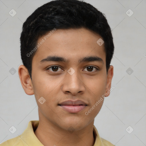 Joyful latino young-adult male with short  black hair and brown eyes