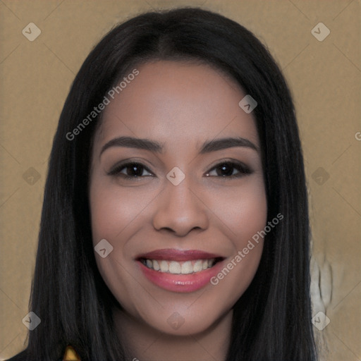 Joyful white young-adult female with long  black hair and brown eyes