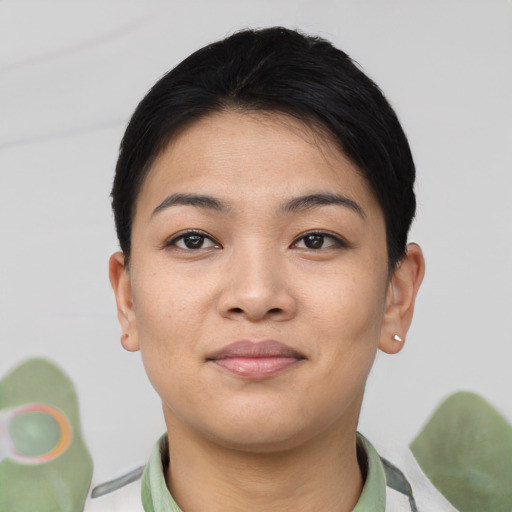 Joyful asian young-adult female with short  black hair and brown eyes