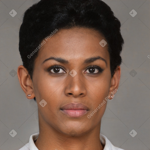 Neutral black young-adult female with short  black hair and brown eyes