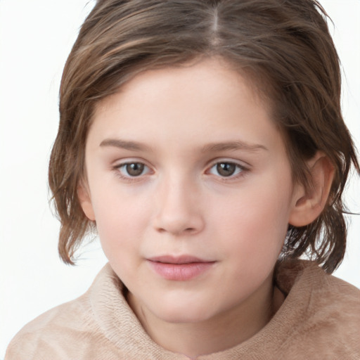 Neutral white child female with medium  brown hair and grey eyes