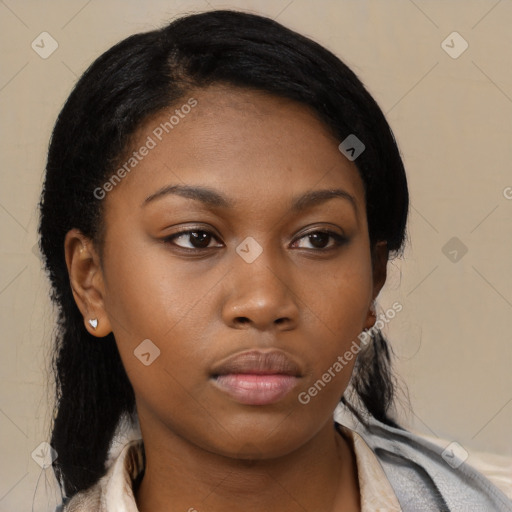 Neutral black young-adult female with medium  black hair and brown eyes