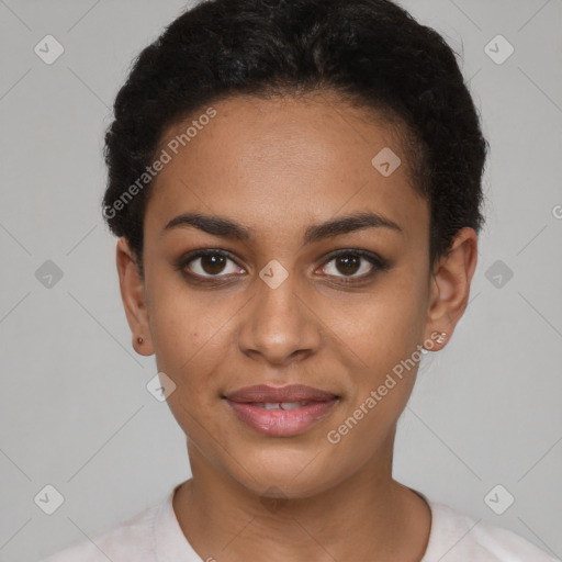 Joyful latino young-adult female with short  brown hair and brown eyes