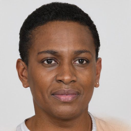 Neutral black young-adult female with short  brown hair and brown eyes
