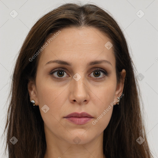 Neutral white young-adult female with long  brown hair and brown eyes